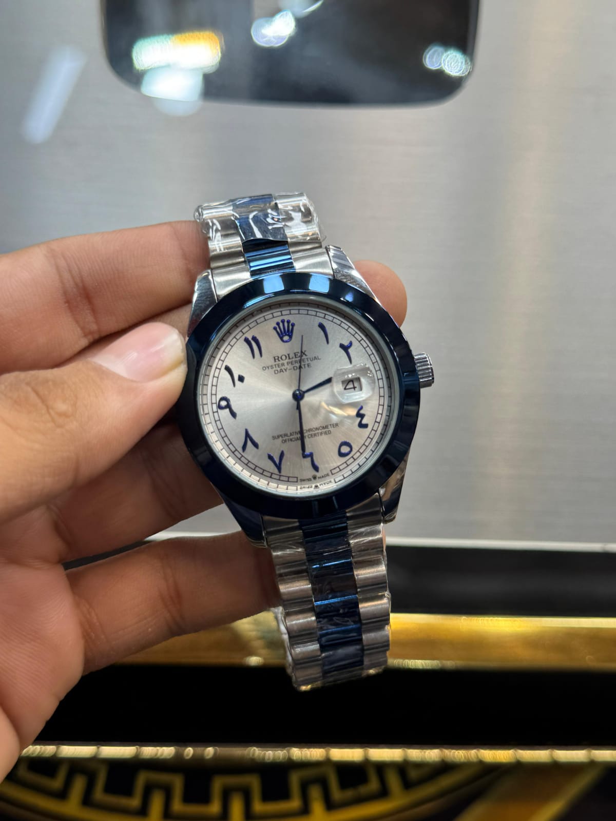 Rolex Style Blue Dial Men’s Watch – Luxury Day Date Stainless Steel Wrist Watch