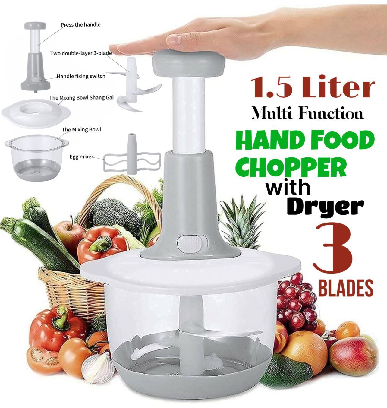 Premium Quality Meat and Vegetable Push Chopper with Stainless Steel Bowl (Box Packing)